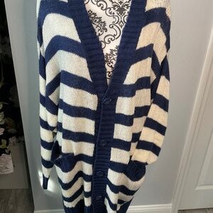 Navy and white stripped cardigan.